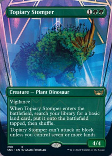 The image displays a Magic: The Gathering card, "Topiary Stomper (Borderless Alternate Art) [Streets of New Capenna]," showcasing a plant dinosaur creature. This 4/4 entity has vigilance and requires 1 generic and 2 green mana to cast.