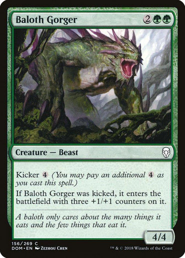 A "Baloth Gorger" Magic: The Gathering card features a spiny green Beast in Dominaria's lush forests. It costs 2 colorless and 2 green mana, with a "Kicker" ability for an additional 4 mana. With a power and toughness of 4/4, it feeds on both the land and its inhabitants.