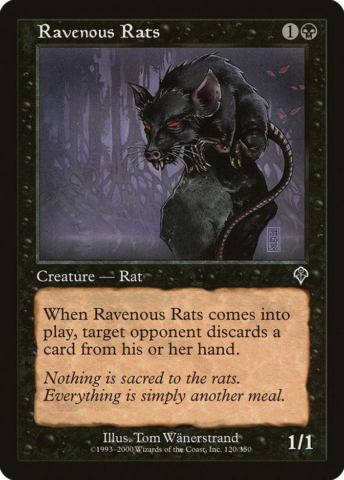 A "Magic: The Gathering" card titled "Ravenous Rats [Invasion]." This Creature — Rat depicts a large, menacing rat with red eyes perched on a rock in a dark, stormy setting. The card costs 1 black and 1 generic mana, has 1 power and 1 toughness, and its ability forces an opponent to discard a card.