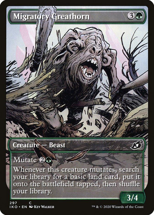 A Magic: The Gathering card titled "Migratory Greathorn (Showcase)" from Ikoria: Lair of Behemoths. It features an illustration of a fierce, horned Creature — Beast with a gaping mouth, mutating amidst wreckage. The green card has Mutate for 2G, a land-finding triggered ability, and stats of 3/4.