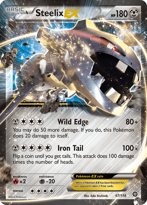 A Steelix EX (67/114) [XY: Steam Siege] Pokémon trading card from the Pokémon set. Steelix, a metallic, snake-like creature with armor plates, emerges through broken rocky terrain. This Ultra Rare card's sections include moves Wild Edge (80+), Iron Tail (100), 180 HP, and weaknesses (Fire), resistances (Psychic). It is card number 67 out of 114.