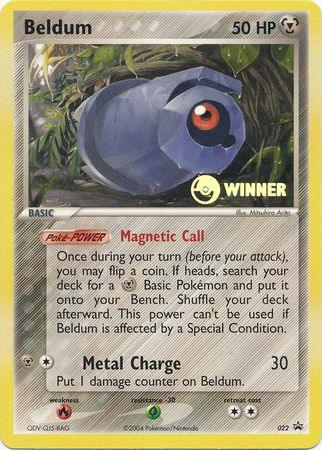 A Pokémon Beldum (022) (Winner Promo) [League & Championship Cards] with 50 HP. Beldum's image is centered on the promo card with a Winner badge. It has two moves: Magnetic Call (Poké-Power) and Metal Charge, which does 30 damage and puts 1 damage counter on Beldum. Illustrated by Mitsuhiro Arita, this League card is numbered 022 from 2004