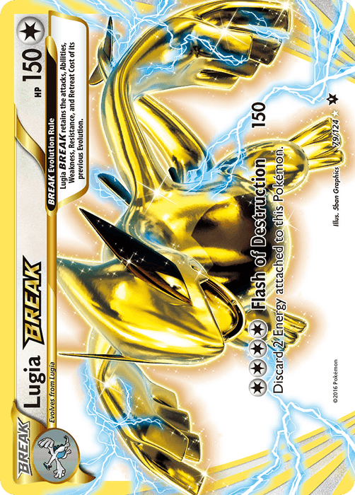 A Pokémon trading card featuring Lugia BREAK (79/124) [XY: Fates Collide] from the Pokémon set. The Ultra Rare card showcases a golden, shining Lugia in a dynamic pose with a blue and white energy aura. It includes 150 HP and the move "Flash of Destruction," requiring five energy. The card has a BREAK Evolution rule and a holographic finish.