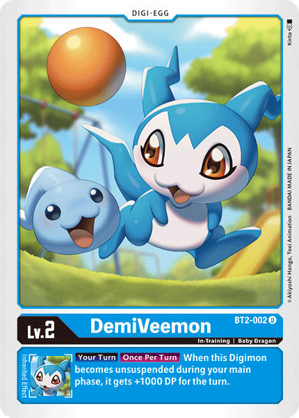 The image features a "DemiVeemon [BT2-002] [Release Special Booster Ver.1.5]" card from the Digimon brand, depicting an adorable blue and white baby dragon-like creature with large ears and a playful expression. A smiling white blob is positioned next to it, emphasizing its in-training status. The card presents various stats and abilities.