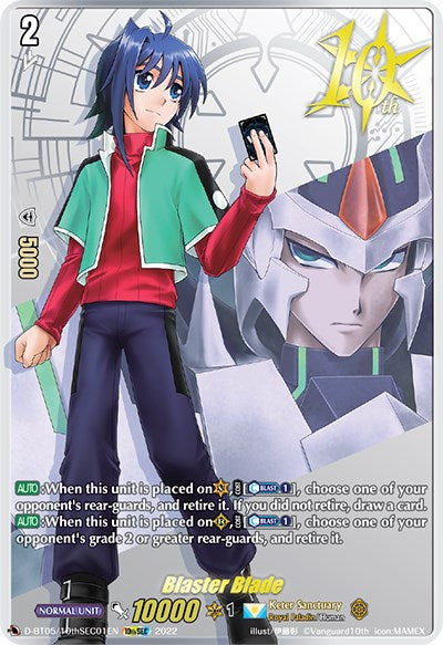 Image of Blaster Blade (10th SEC) (D-BT05/10thSEC01EN) [Triumphant Return of the Brave Heroes] card from the Cardfight!! Vanguard trading card game by Bushiroad. It features an anime character with blue hair, a green and red jacket, and white pants. The card details, including abilities and "Blaster Blade," are written underneath. Part of the Triumphant Return of the Brave Heroes set.