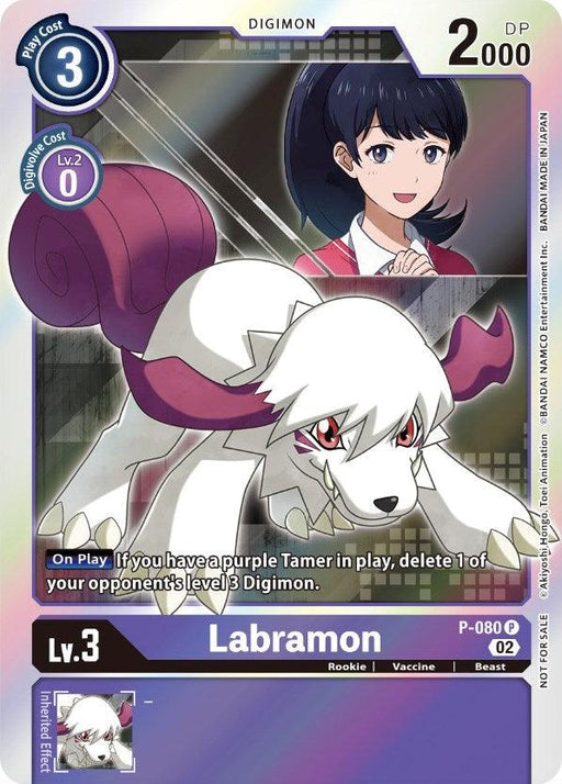 A promotional Digimon card featuring Labramon, a white, wolf-like Digimon with purple paws, tail, and ear tips, alongside a smiling female trainer with dark hair. The promo card details include a play cost of 3, DP of 2000, and a special ability to delete opponent's level 3 Digimon if a purple Tamer is in play. This is the Labramon [P-080] (Digimon Survive Anime Expo 2022) [Promotional Cards] from Digimon.