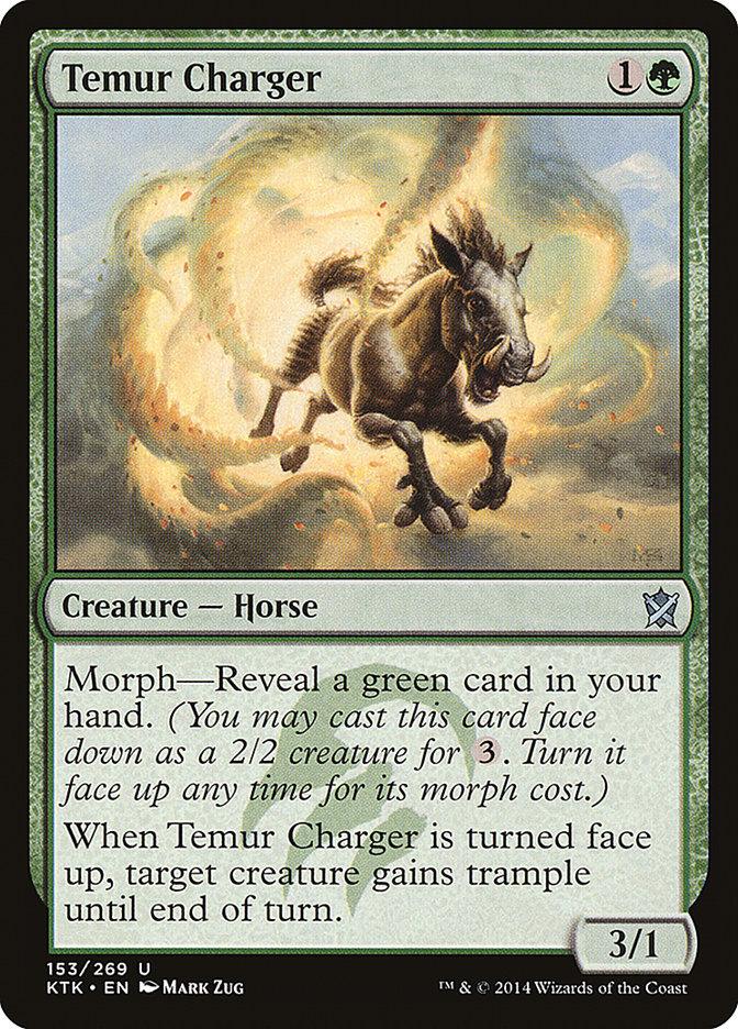 The image is a Magic: The Gathering card named Temur Charger [Khans of Tarkir]. It has a green border and features a rearing, glowing horse amidst swirling energy. The card costs 1 green and 1 generic mana, with 3 power and 1 toughness. Abilities include morph and granting trample. Art by Mark Zug.