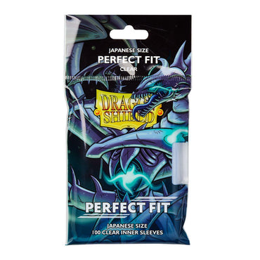 A package of Arcane Tinmen's Dragon Shield: Japanese Size 100ct Inner Sleeves features "Perfect Fit" and "Clear 'Qyonshi'", showcasing a metallic blue dragon against a dark background, ideal for double-sleeving enthusiasts seeking tailored protection.