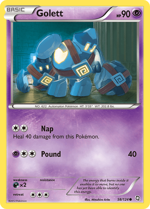 A Pokémon trading card from the Pokémon collection featuring Golett (58/124) [Black & White: Dragons Exalted]. This small, blue, robotic creature with glowing yellow lines and rocky armor has 90 HP and two moves: Nap and Pound. The Psychic-themed card's background is purple with various technical stats and text in gray boxes.