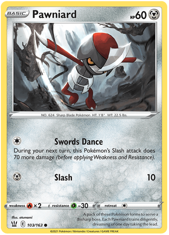 The image displays a Pokémon Pawniard (103/163) [Sword & Shield: Battle Styles] of a character named Pawniard from the Sword & Shield: Battle Styles series. The card features a detailed illustration of Pawniard, a small, humanoid Metal-type Pokémon with a blade-like head and sharp claws. It shows Pawniard with abilities 