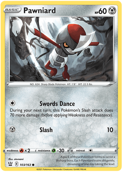The image displays a Pokémon Pawniard (103/163) [Sword & Shield: Battle Styles] of a character named Pawniard from the Sword & Shield: Battle Styles series. The card features a detailed illustration of Pawniard, a small, humanoid Metal-type Pokémon with a blade-like head and sharp claws. It shows Pawniard with abilities "Swords Dance" and "Slash," including stats, weaknesses, and artist information.