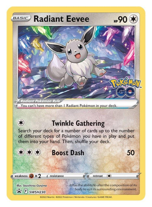A Pokémon trading card featuring Radiant Eevee (SWSH230) [Sword & Shield: Black Star Promos] from the Pokémon set. Eevee stands in front of a vibrant, colorful background. It's a Basic, Colorless type with 90 HP. Moves include Twinkle Gathering and Boost Dash. Other details include illustrator, resistance, weakness, set information, and Pokémon GO logo.