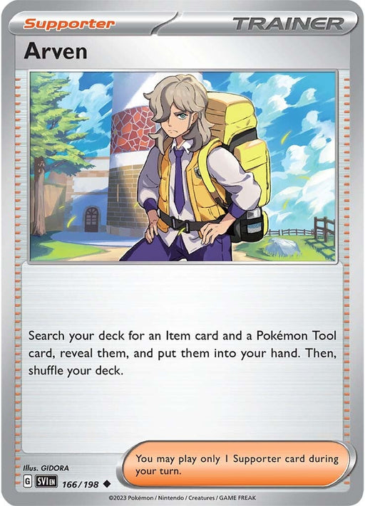 The Arven (166/198) card from the Pokémon Scarlet & Violet: Base Set features a character named Arven. He has grey hair and is dressed in a purple shirt with an orange scarf, a purple vest, brown gloves, and a large yellow backpack. The card text allows you to search for an Item card and a Pokémon Tool card, reveal them, and add them to your hand.