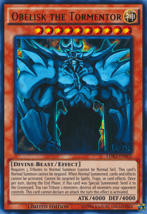 The Yu-Gi-Oh! Ultra Rare trading card, "Obelisk the Tormentor [LDK2-ENS02]," showcases a blue, muscular, and menacing creature with large wings and glowing eyes. With ATK 4000 and DEF 4000, this divine-beast type card is distinguished by its yellow border and detailed effect text below. It is part of Legendary Decks II.