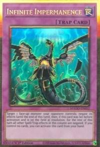 Image of a Yu-Gi-Oh! trading card titled "Infinite Impermanence [MAGO-EN052] Gold Rare." This Gold Rare card from the Maximum Gold series features a mystical dragon standing on its hind legs with wings spread, encircled by glowing green energy and inscriptions. The text box below contains the card's effects and conditions. The border is deep purple.