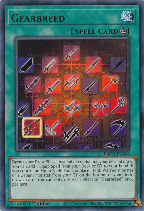 The image showcases the "Gearbreed [TOCH-EN016] Rare" Continuous Spell Card from the Yu-Gi-Oh! trading card game. This card is part of the Toon Chaos set and features an array of various weapons displayed on a grid layout, with the card text overlaid at the bottom in standard format.