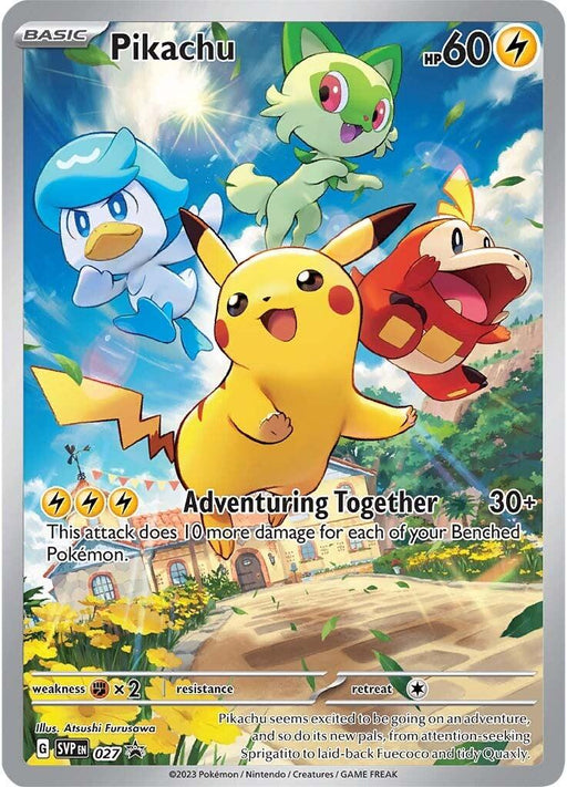 The image showcases a Pokémon card titled "Pikachu (027) [Scarlet & Violet: Black Star Promos]" from Pokémon, featuring Pikachu prominently in the foreground with three other Pokémon: Sprigatito, Quaxly, and Fuecoco. Set against a colorful, grassy outdoors backdrop, this Black Star Promos card from the Scarlet & Violet series highlights Pikachu's Lightning abilities along with other details below.
