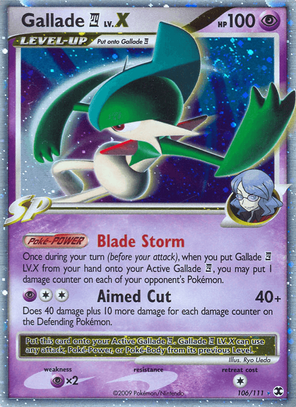 A Pokémon trading card featuring Gallade LV.X (106/111) [Platinum: Rising Rivals] from the Pokémon brand. The card shows an image of Gallade set against a sparkling, Holo Rare background. It has a purple border with various stats and includes info on its powers like 