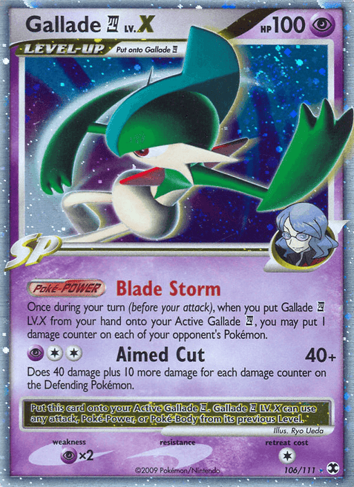 A Pokémon trading card featuring Gallade LV.X (106/111) [Platinum: Rising Rivals] from the Pokémon brand. The card shows an image of Gallade set against a sparkling, Holo Rare background. It has a purple border with various stats and includes info on its powers like "Blade Storm" and "Aimed Cut". It's illustrated by Ryo Ueda, numbered 106/111.