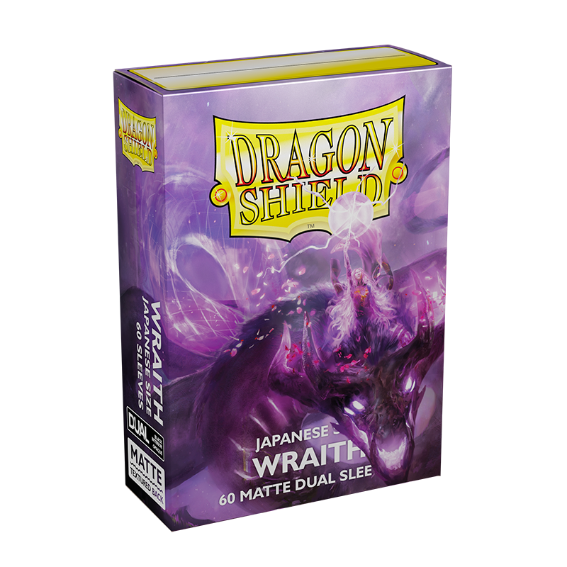 Arcane Tinmen Dragon Shield: Japanese Size 60ct Sleeves - Wraith (Dual Matte). The cover art showcases a purple, ghostly figure with two hands reaching forward. The top of the box is yellow, featuring the Dragon Shield logo. Text on the front reads "Japanese Size," "Wraith," and "60 Matte Dual TCG sleeves.