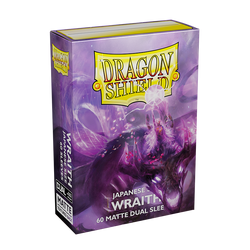 Arcane Tinmen Dragon Shield: Japanese Size 60ct Sleeves - Wraith (Dual Matte). The cover art showcases a purple, ghostly figure with two hands reaching forward. The top of the box is yellow, featuring the Dragon Shield logo. Text on the front reads "Japanese Size," "Wraith," and "60 Matte Dual TCG sleeves.