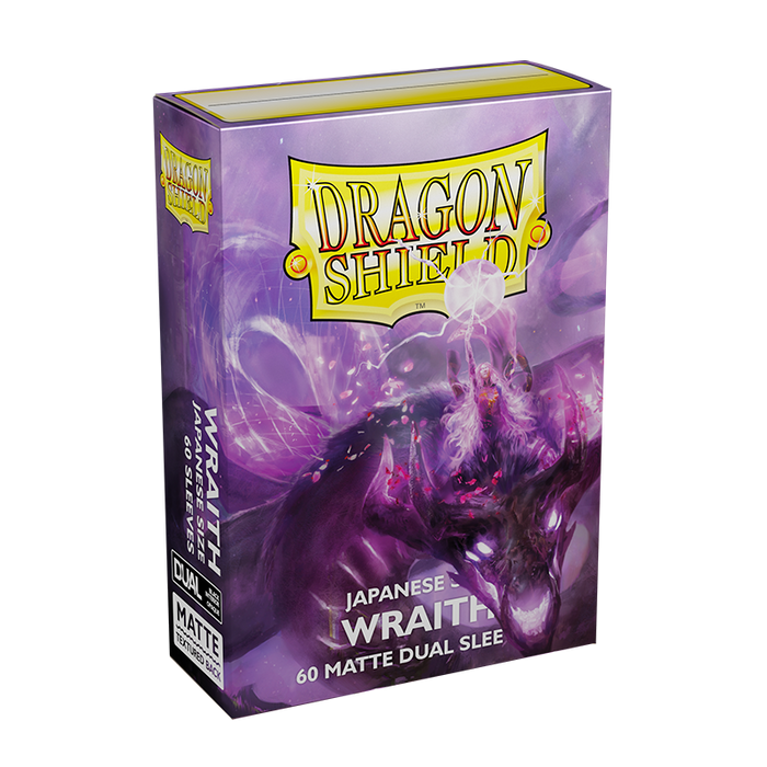 Arcane Tinmen Dragon Shield: Japanese Size 60ct Sleeves - Wraith (Dual Matte). The cover art showcases a purple, ghostly figure with two hands reaching forward. The top of the box is yellow, featuring the Dragon Shield logo. Text on the front reads "Japanese Size," "Wraith," and "60 Matte Dual TCG sleeves.