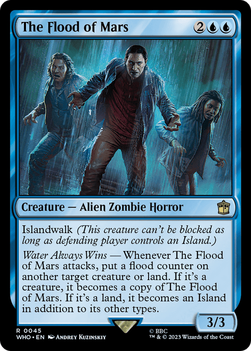 The Flood of Mars [Doctor Who] Magic: The Gathering card depicts three alien zombie horrors emerging from water on a dark, stormy night. With abilities like Islandwalk, when these creatures attack, they place a flood counter on a target, transforming lands into islands or creatures into The Flood of Mars [Doctor Who].