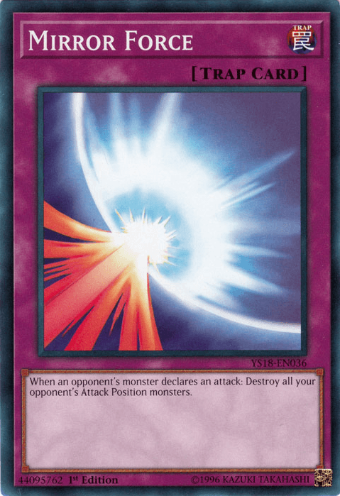 A Yu-Gi-Oh! card titled "Mirror Force [YS18-EN036] Common". It's a Normal Trap Card with a purple border. The artwork depicts a bright, radiant explosion of light deflecting an attack. The card's effect reads: "When an opponent's monster declares an attack: Destroy all your opponent's Attack Position monsters." This versatile trap is popular in many Deck Codebreaker strategies.