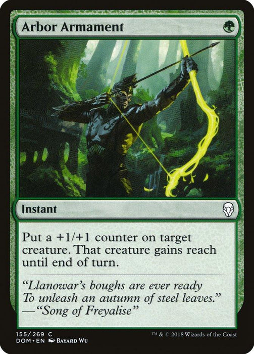 A "Magic: The Gathering" card titled Arbor Armament [Dominaria], an instant from Dominaria costing {G}. It features an elf drawing a glowing bow. Text reads, "Put a +1/+1 counter on target creature. That creature gains reach until end of turn." Below is a quote: "'Llanowar's boughs are ever ready to unleash an autumn of steel.