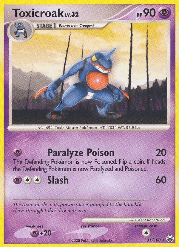 A Pokémon trading card for Toxicroak (31/100) [Diamond & Pearl: Majestic Dawn] from Pokémon. This rare Stage 1 card evolves from Croagunk, boasting a level of 32 and 90 HP. The purple background showcases Toxicroak mid-attack with 