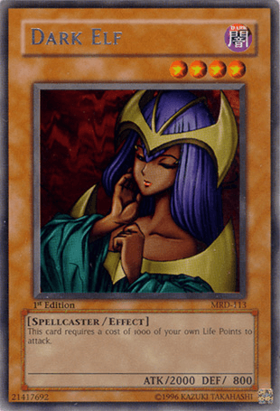 A Yu-Gi-Oh! trading card from the Metal Raiders set titled "Dark Elf [MRD-113] Rare," showcasing a rare illustration of a mysterious, dark-haired female figure with pointed ears and a purple headdress. This spellcaster/effect monster has 2000 attack and 800 defense points, requiring a cost of 1000 life points to attack.
