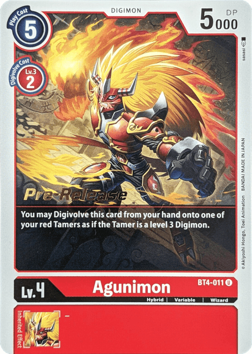 The Digimon card "Agunimon [BT4-011] [Great Legend Pre-Release Promos]" showcases a warrior adorned in red armor and a flaming mane, captured in a dynamic pose. This Pre-Release Promos card from the Digimon brand has a play cost of 5 and a DP of 5000, featuring text about Digivolving from a red Tamer along with level and type details.