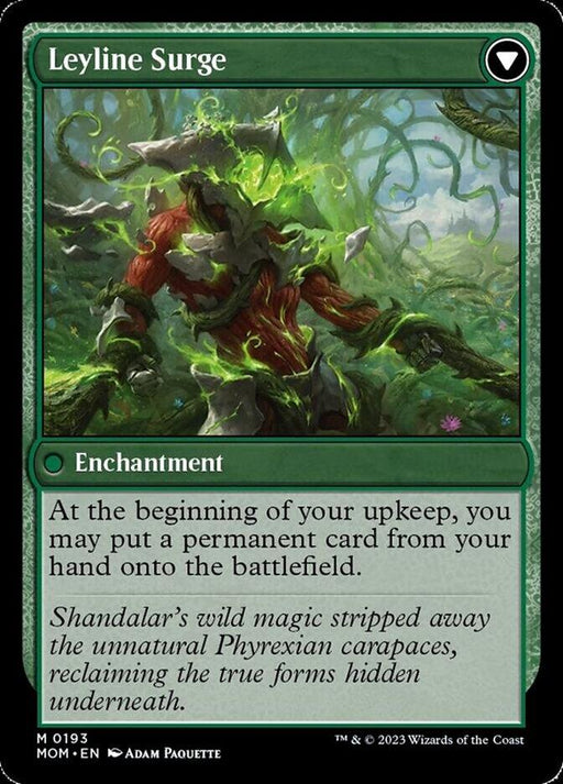 A Magic: The Gathering card titled "Invasion of Shandalar // Leyline Surge [March of the Machine]" with a green border and forest background. Illustrated by Adam Paquette, it shows a green, spectral figure surrounded by vines and foliage. This Enchantment card allows placing a permanent card onto the battlefield at the beginning of your upkeep.