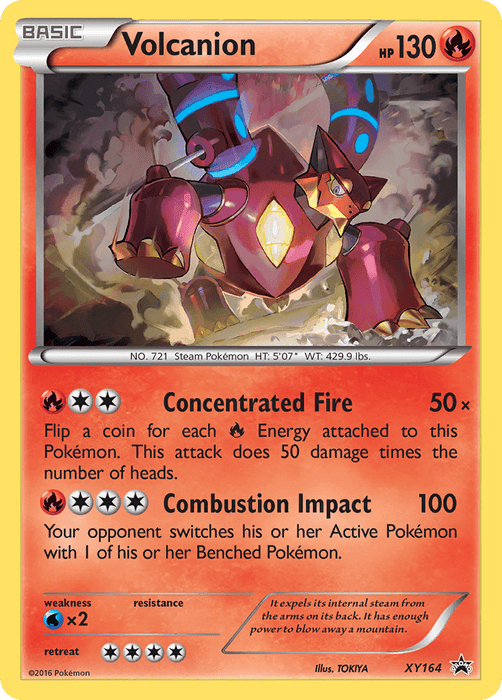 A Pokémon Volcanion (XY164) [XY: Black Star Promos] trading card featuring Volcanion. Volcanion is depicted as a red, mechanical-looking creature with a circular, metallic structure on its back. The Promo Card has 130 HP, and its moves are Concentrated Fire and Combustion Impact. A Black Star Promos series card from Pokémon, it is weak to water-type Pokémon. Series XY164.