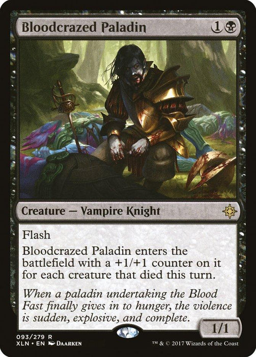 The image depicts a card from the game Magic: The Gathering named Bloodcrazed Paladin [Ixalan]. This Vampire Knight from Ixalan is shown kneeling with blood-stained hands in a forest surrounded by fallen soldiers. The card has Flash and enters with a +1/+1 counter for each creature that died this turn.