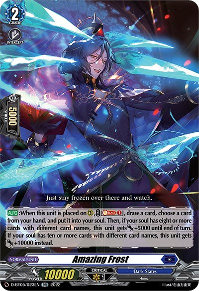 The "Amazing Frost" (D-BT05/023EN) card from Bushiroad's "Cardfight!! Vanguard" game, featured in the Triumphant Return of the Brave Heroes series, portrays an ethereal figure wielding icy blue and red energy blades. As a Double Rare card, it includes a power value of 10,000, critical value of 1, and grade/twin drive/intercept icons.