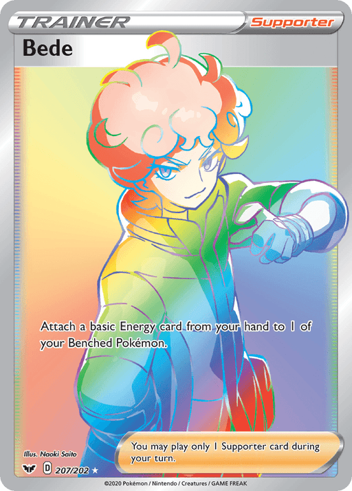 A Pokémon trading card from the Sword & Shield Base Set featuring "Bede," a Trainer Supporter card. Bede, illustrated with distinctive curly hair and a determined expression, extends an arm forward against a multicolored, rainbow background. Numbered 207/202 and illustrated by Naoki Saito, this Secret Rare card reads, “Attach a basic Energy card from your hand to 1 Bede (207/202) [Sword & Shield: Base Set] by Pokémon.