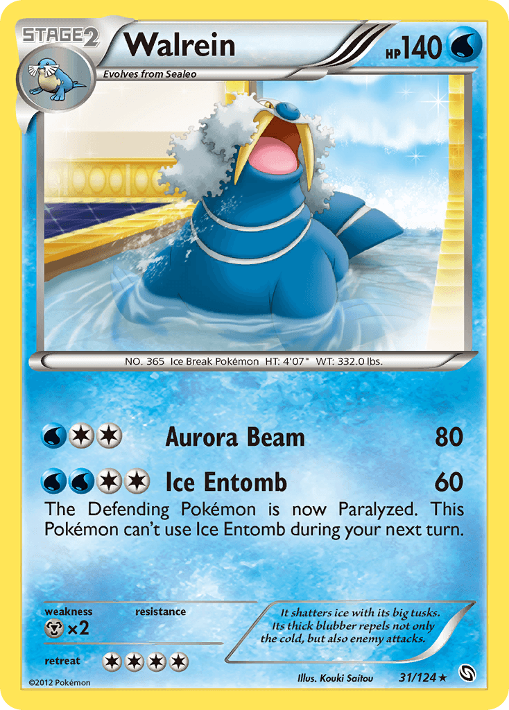 A Pokémon Walrein (31/124) [Black & White: Dragons Exalted] from the Pokémon set features Walrein, an Ice Break Pokémon. With 140 HP, this rare card shows an animated walrus splashing out of icy water. It boasts two attack moves: 