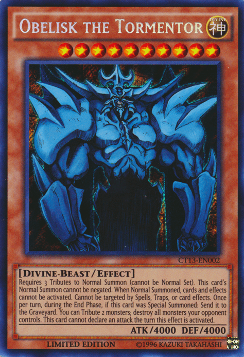A Yu-Gi-Oh! trading card titled "Obelisk the Tormentor [CT13-EN002] Secret Rare." This Secret Rare features an imposing blue, muscular deity with spikes on his shoulders and a menacing expression. Boasting 4000 attack and defense points, the Effect Monster card text details its special abilities and requirements for summoning. Available in Mega-Tins 2016.
