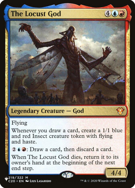 The image shows a Magic: The Gathering card titled "The Locust God [Secret Lair: Heads I Win, Tails You Lose]," a Legendary Creature with a casting cost of 4 colorless mana, 1 blue mana, and 1 red mana. This Magic: The Gathering card has Flying and abilities to create 1/1 Insect tokens and draw cards. Art depicts a large insect-headed figure with outstretched wings.