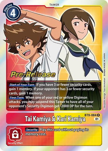 A Digimon trading card titled "Tai Kamiya & Kari Kamiya [BT9-084] [X Record Pre-Release Promos]" features the characters Tai Kamiya and Kari Kamiya. Tai is confidently raising his fist on the left, while Kari is smiling and giving a thumbs-up on the right. The card displays various game statistics and abilities, with "Pre-Release" and "Tamer - Security" labels at the top.