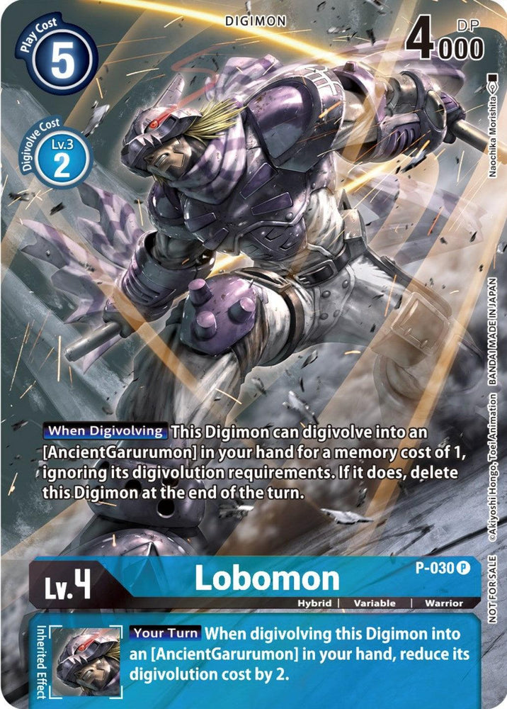 The Digimon promotional card Lobomon [P-030] (2nd Anniversary Frontier Card) features Lobomon, a humanoid creature adorned in silver armor and a cape, depicted in an action pose with vivid energy beams. The card includes stats such as a play cost of 5, 4000 DP, and level 4. Its text details digivolution abilities and effects alongside AncientGarurumon.