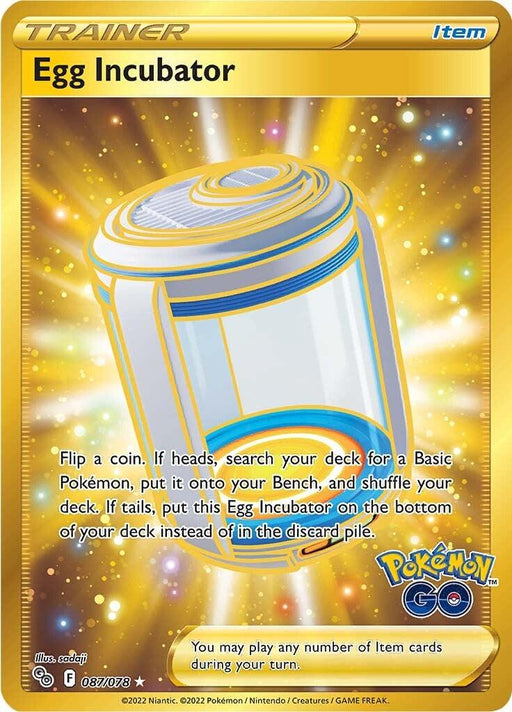 A Pokémon card titled "Egg Incubator (087/078) [Pokémon GO]" from the brand Pokémon. It is a Secret Rare Trainer Item card from the Pokémon GO series. The illustration shows a shiny egg incubator, primarily white with blue accents. The effect: flip a coin to decide whether to search your deck or place the Egg Incubator at the bottom of your deck. The gold border and sparkles in the background add an extra touch of magic.