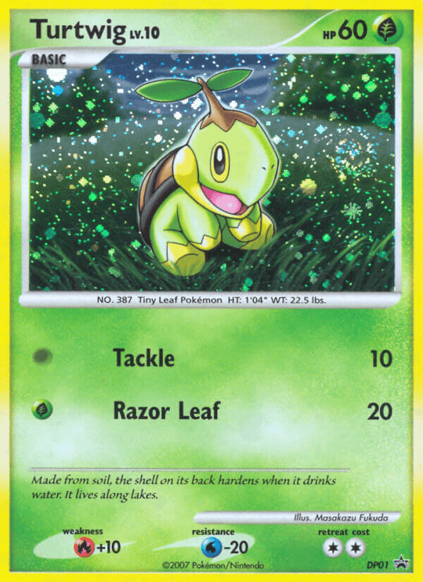 Turtwig (DP01) [Diamond & Pearl: Black Star Promos] Pokémon trading card. The card displays an illustration of Turtwig, a small turtle-like Pokémon with a sprout on its head, set against a forest background. Part of the Diamond & Pearl series, this Grass Type card shows Turtwig with 60 HP and includes moves Tackle (10) and Razor Leaf (20).