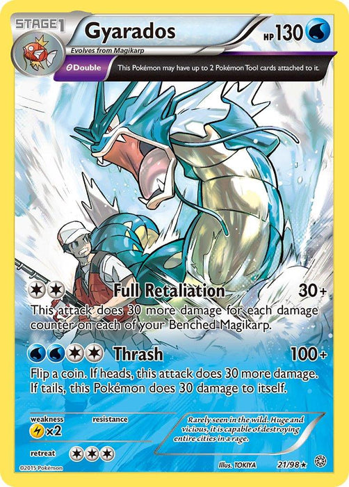 A Pokémon Gyarados (21/98) (Cosmos Holo) (Theme Deck Exclusive) [XY: Ancient Origins] from the XY: Ancient Origins series, featuring a yellow border and holographic finish. This Holo Rare card displays Gyarados as a large, blue, serpentine Water-type dragon with an open mouth. It shows its HP (130) and two attacks: Full Retaliation and Thrash.