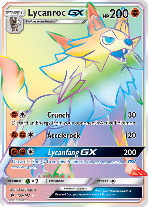 The Lycanroc GX (155/147) trading card from the Pokémon Sun & Moon: Burning Shadows series showcases a multi-colored, wolf-like creature against a holographic background. This Secret Rare card, illustrated by 5ban Graphics, features 200 HP and includes the attacks Crunch (30 damage), Accelerock (120 damage), and Lycanfang GX (200 damage).