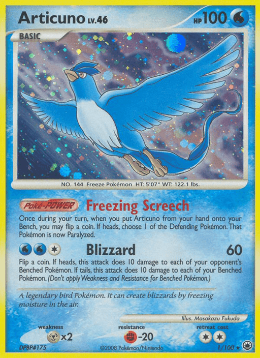 Image of a Holo Rare Pokémon Articuno (1/100) [Diamond & Pearl: Majestic Dawn] card. Articuno is illustrated as a large, blue ice-type bird in mid-flight with its wings spread wide. The card features stats such as HP 100, height 5'07", weight 122.1 lbs, and moves "Freezing Screech" and "Blizzard." Card number 1