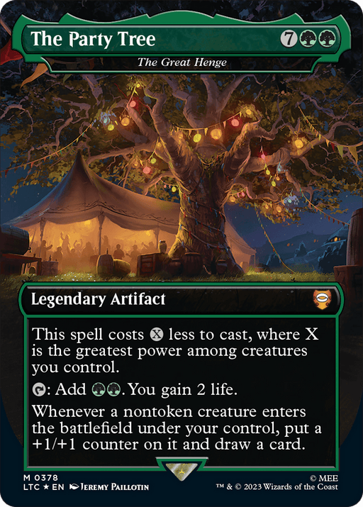 An illustration of a mystical, large tree named "The Great Henge - The Party Tree (Surge Foil Realms and Relics) [The Lord of the Rings: Tales of Middle-Earth Commander]" from Magic: The Gathering. Adorned with lanterns, it is set against a nighttime backdrop with a glowing tent. This Legendary Artifact's text details abilities related to reducing spell costs, gaining life, and drawing cards.