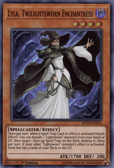 The image features a Super Rare Yu-Gi-Oh! card from the 2018 Mega-Tins collection, titled "Lyla, Twilightsworn Enchantress" [MP18-EN051], a Lightsworn Effect Monster. She is depicted wearing a flowing white and gray robe, complemented by a dark cape and wide-brimmed hat. With her right arm extended and eyes closed, the card showcases her with an attack power of 1700 AT.