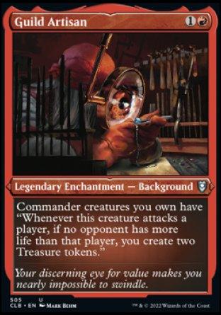 A "Guild Artisan (Foil Etched) [Commander Legends: Battle for Baldur's Gate]" card from Magic: The Gathering. This Legendary Enchantment - Background costs 1 red mana and 1 colorless mana. The artwork showcases a craftsman surrounded by tools and equipment, and the card text grants an ability to create Treasure tokens.